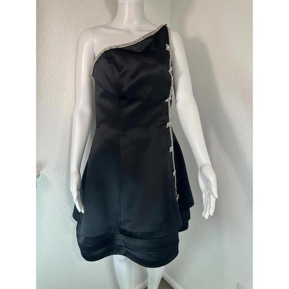 VTG 80s Sz 10 Lillie Rubin Black Rhinestone Strapless Mini Dress Glam Party LBD